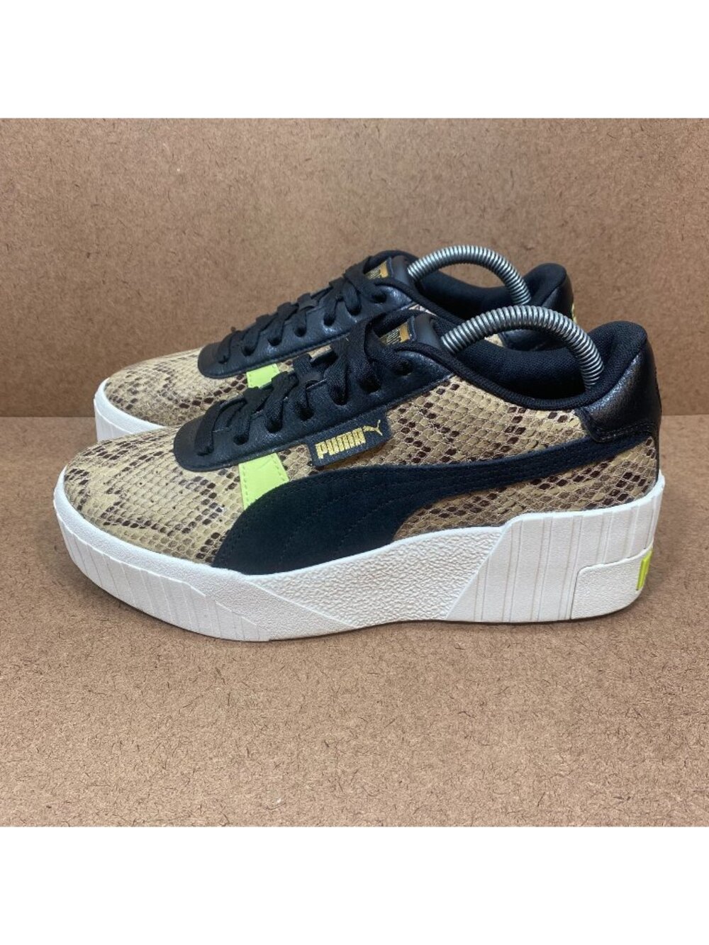 Puma Womens Cali Wedge Sneakers Snakeskin Size 9.5 Black/Tan Neon Casual